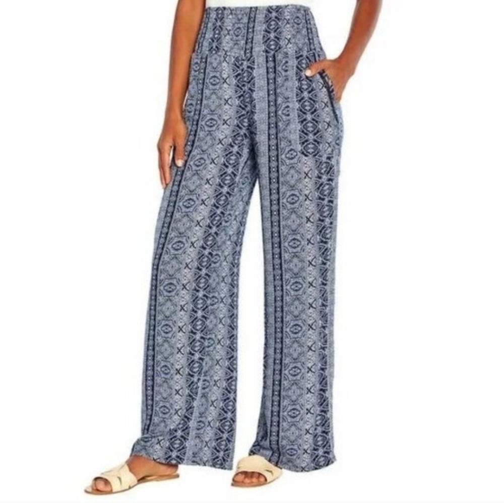 Three Dots Wide Leg Pant Blue White Print Pull On Sz Medium Pockets Lightweight - Picture 2 of 15